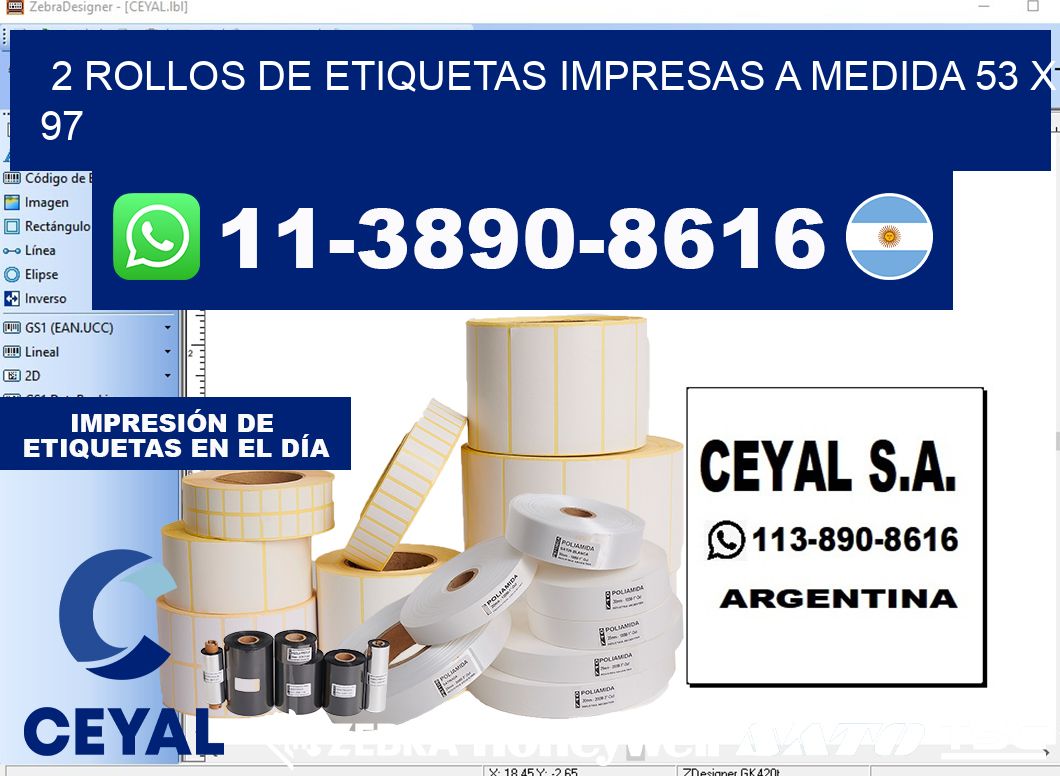2 rollos de etiquetas impresas a medida 53 x 97