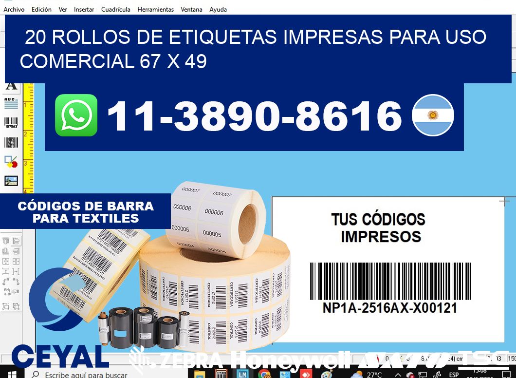 20 rollos de etiquetas impresas para uso comercial 67 x 49