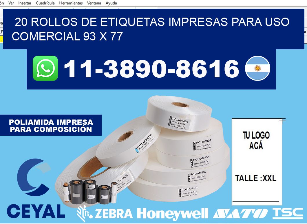 20 rollos de etiquetas impresas para uso comercial 93 x 77
