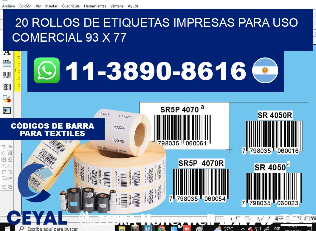 20 rollos de etiquetas impresas para uso comercial 93 x 77