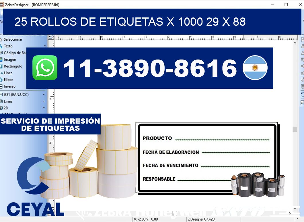 25 rollos de etiquetas x 1000 29 x 88