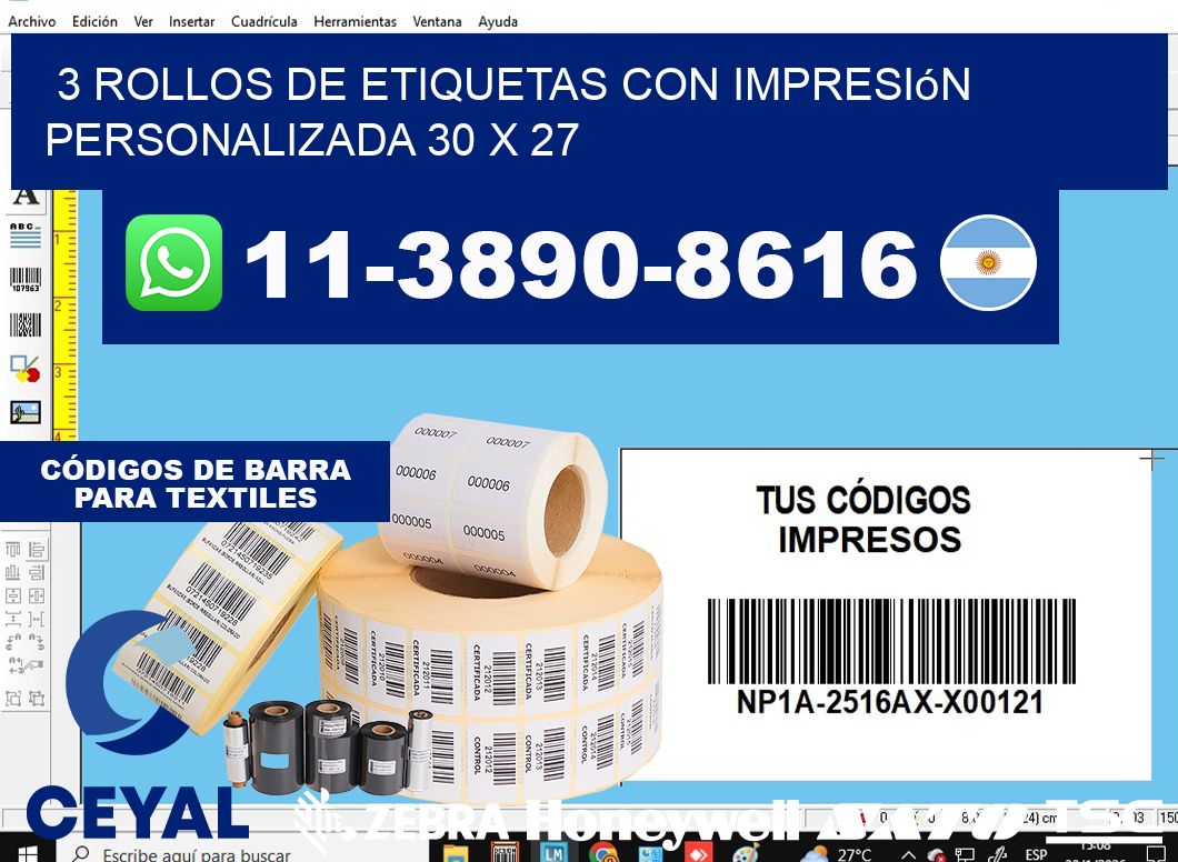 3 rollos de etiquetas con impresión personalizada 30 x 27