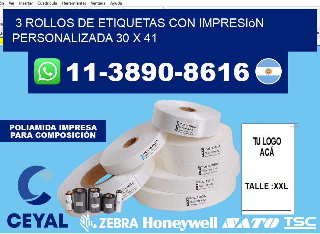 3 rollos de etiquetas con impresión personalizada 30 x 41