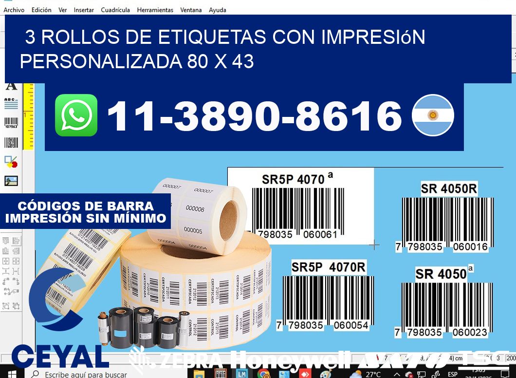 3 rollos de etiquetas con impresión personalizada 80 x 43