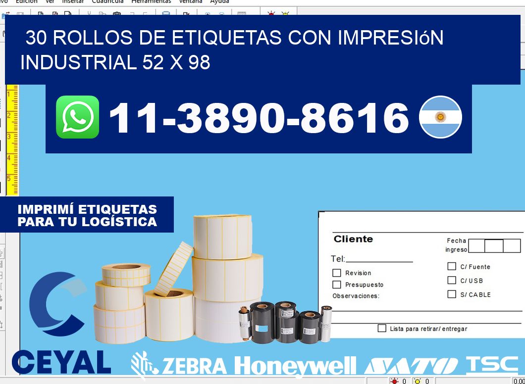 30 rollos de etiquetas con impresión industrial 52 x 98