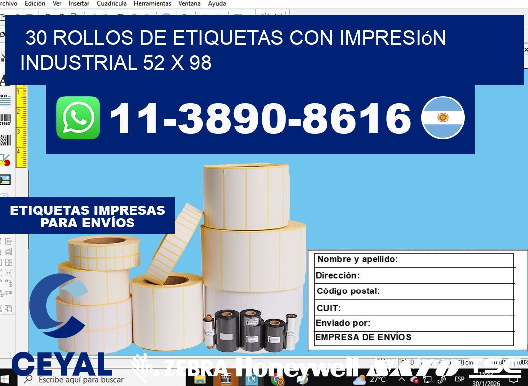 30 rollos de etiquetas con impresión industrial 52 x 98