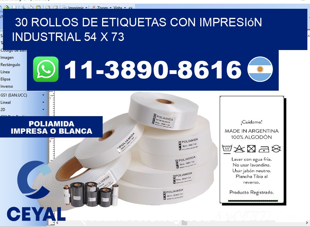 30 rollos de etiquetas con impresión industrial 54 x 73
