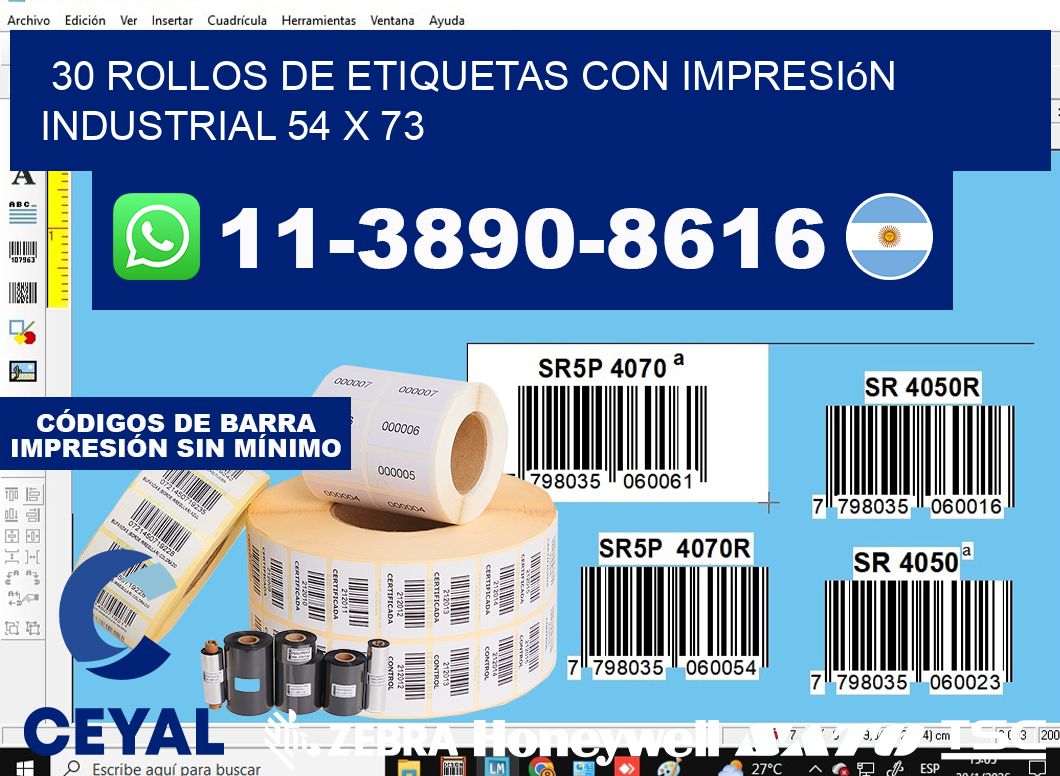 30 rollos de etiquetas con impresión industrial 54 x 73