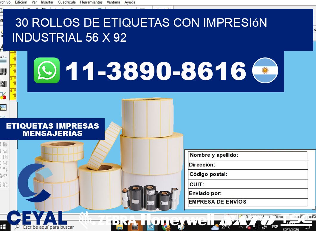 30 rollos de etiquetas con impresión industrial 56 x 92