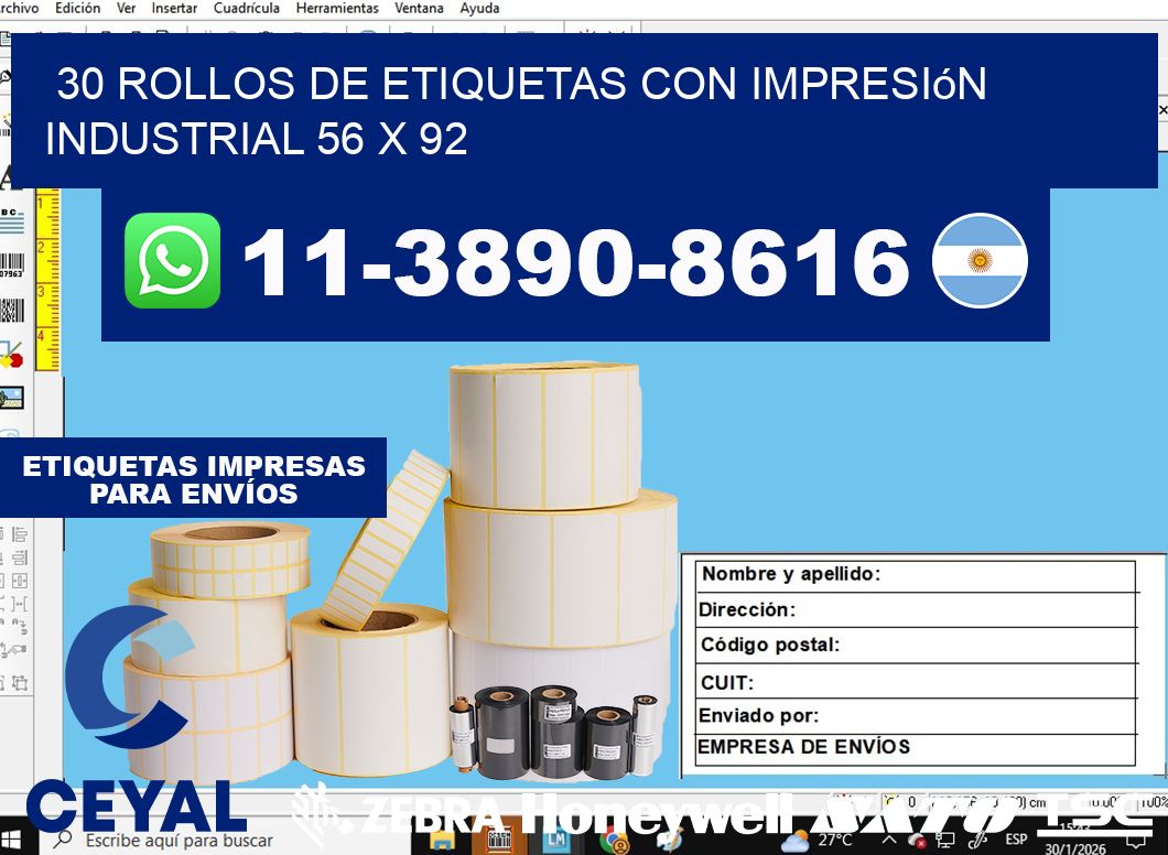 30 rollos de etiquetas con impresión industrial 56 x 92
