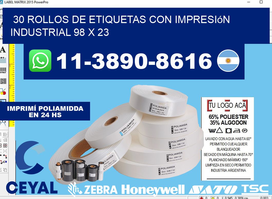 30 rollos de etiquetas con impresión industrial 98 x 23
