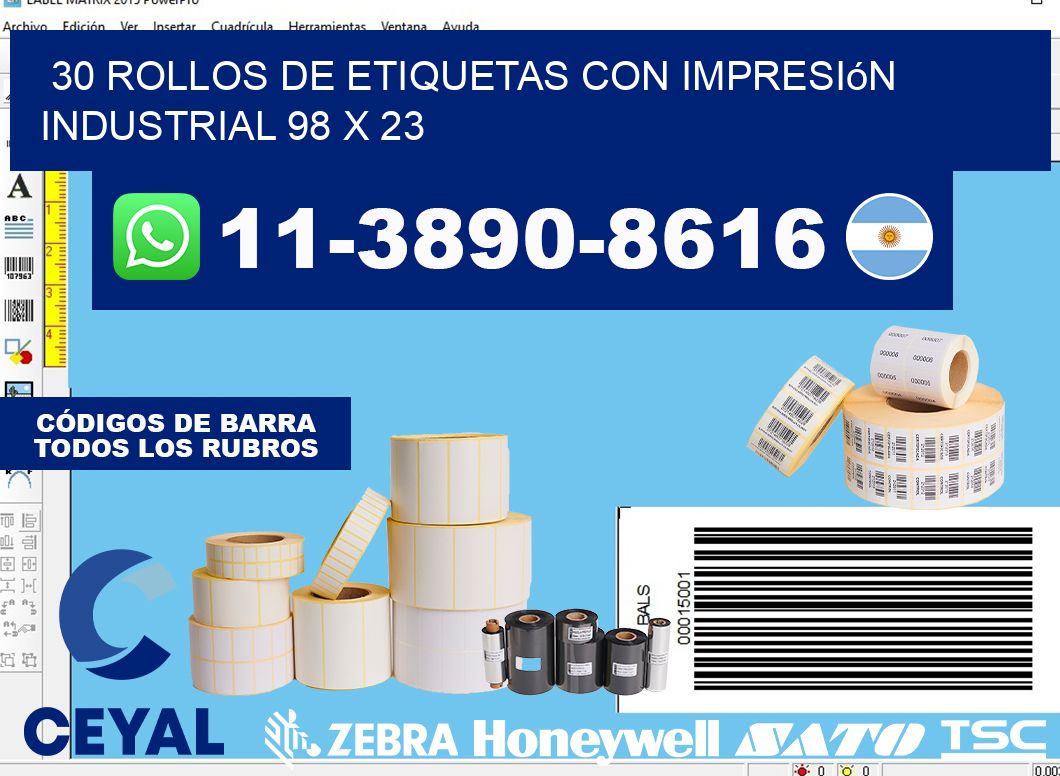 30 rollos de etiquetas con impresión industrial 98 x 23