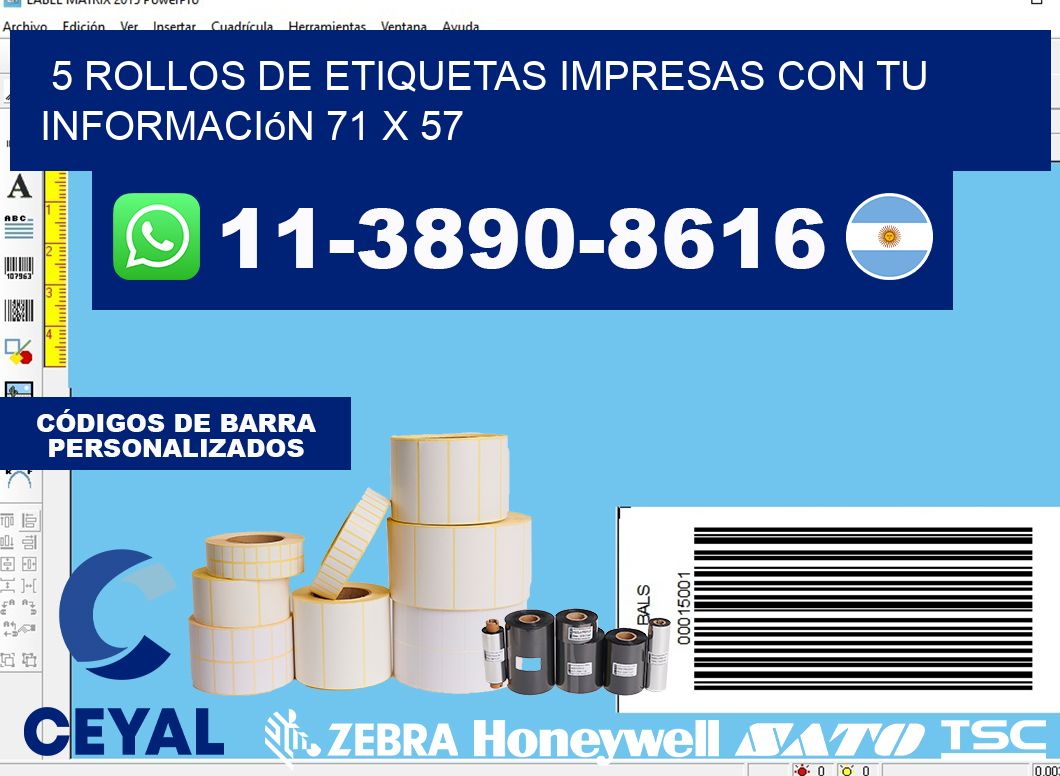 5 rollos de etiquetas impresas con tu información 71 x 57