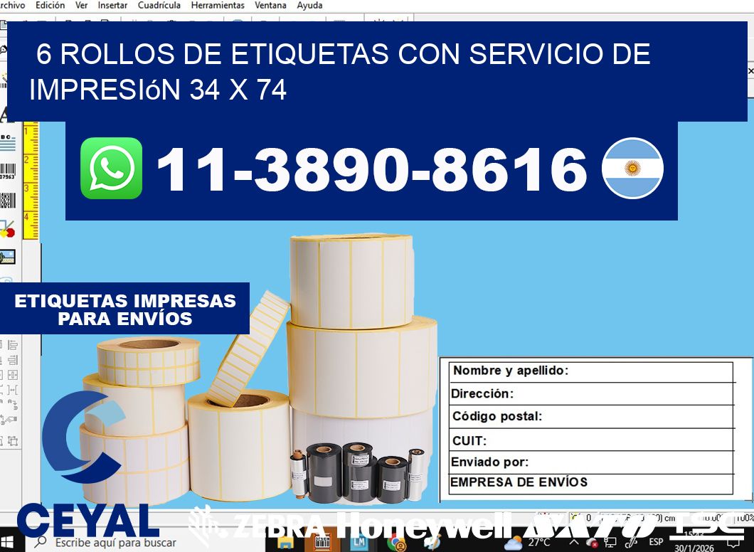 6 rollos de etiquetas con servicio de impresión 34 x 74