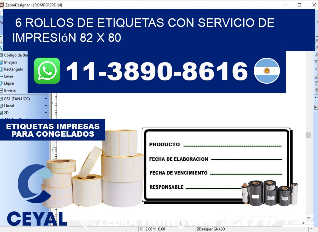 6 rollos de etiquetas con servicio de impresión 82 x 80