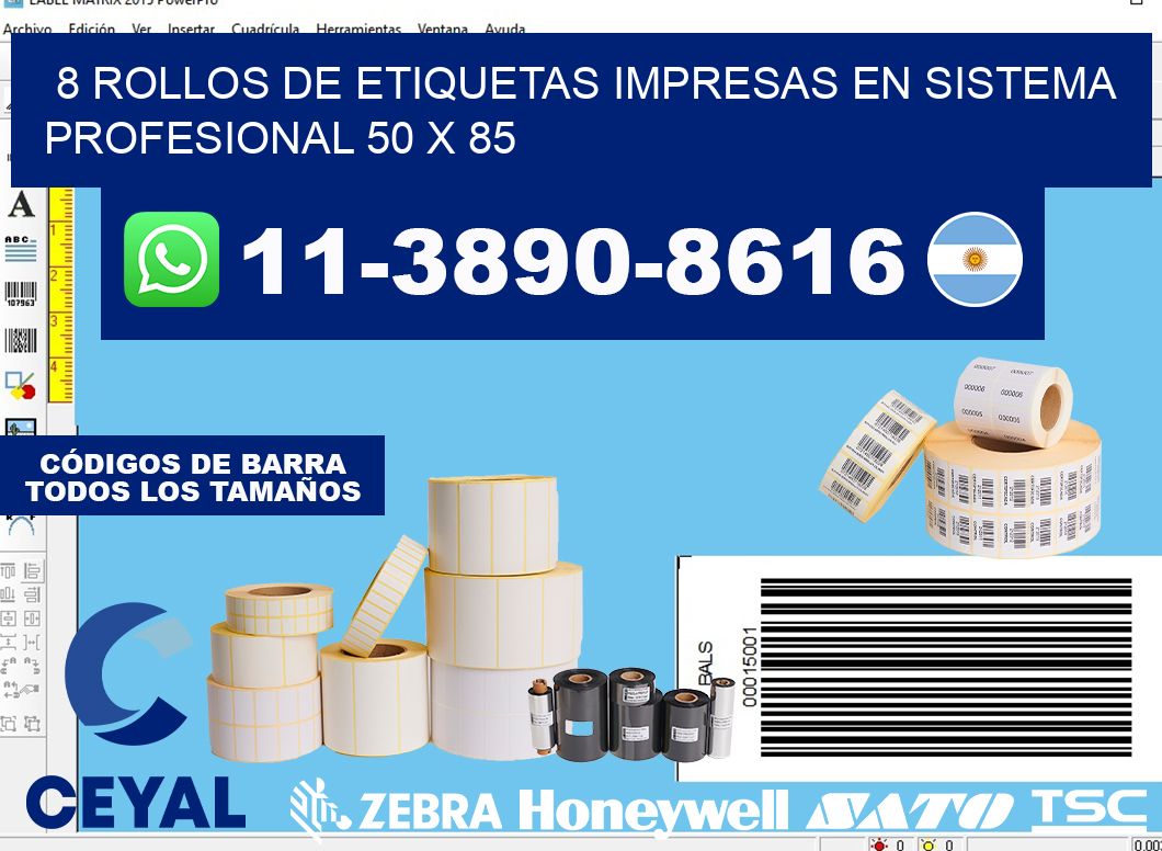 8 rollos de etiquetas impresas en sistema profesional 50 x 85