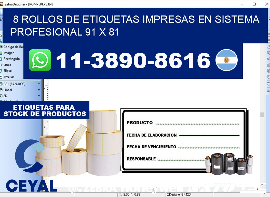 8 rollos de etiquetas impresas en sistema profesional 91 x 81