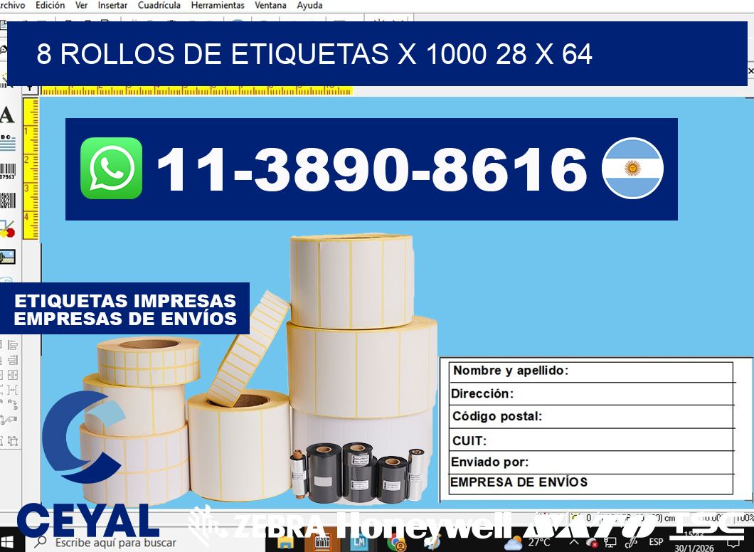 8 rollos de etiquetas x 1000 28 x 64