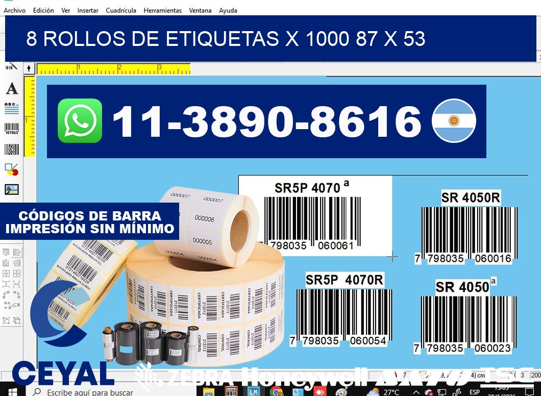 8 rollos de etiquetas x 1000 87 x 53