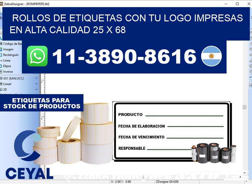 rollos de etiquetas con tu logo impresas en alta calidad 25 x 68