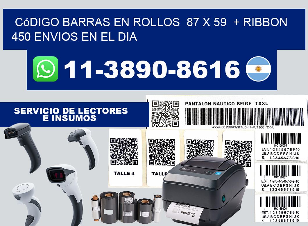 código barras en rollos  87 x 59  + ribbon  450 Envios en el dia