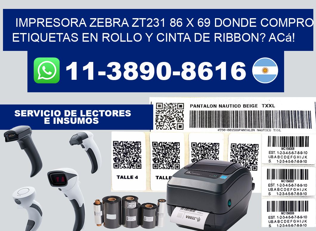 impresora zebra zt231 86 x 69 Donde compro etiquetas en rollo y cinta de ribbon? Acá!