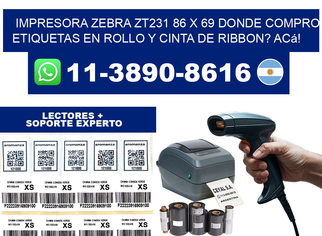 impresora zebra zt231 86 x 69 Donde compro etiquetas en rollo y cinta de ribbon? Acá!