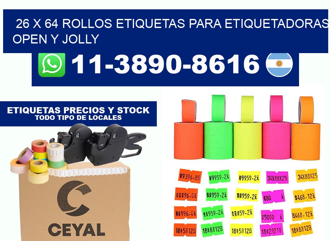 26 x 64 Rollos etiquetas para etiquetadoras open y jolly
