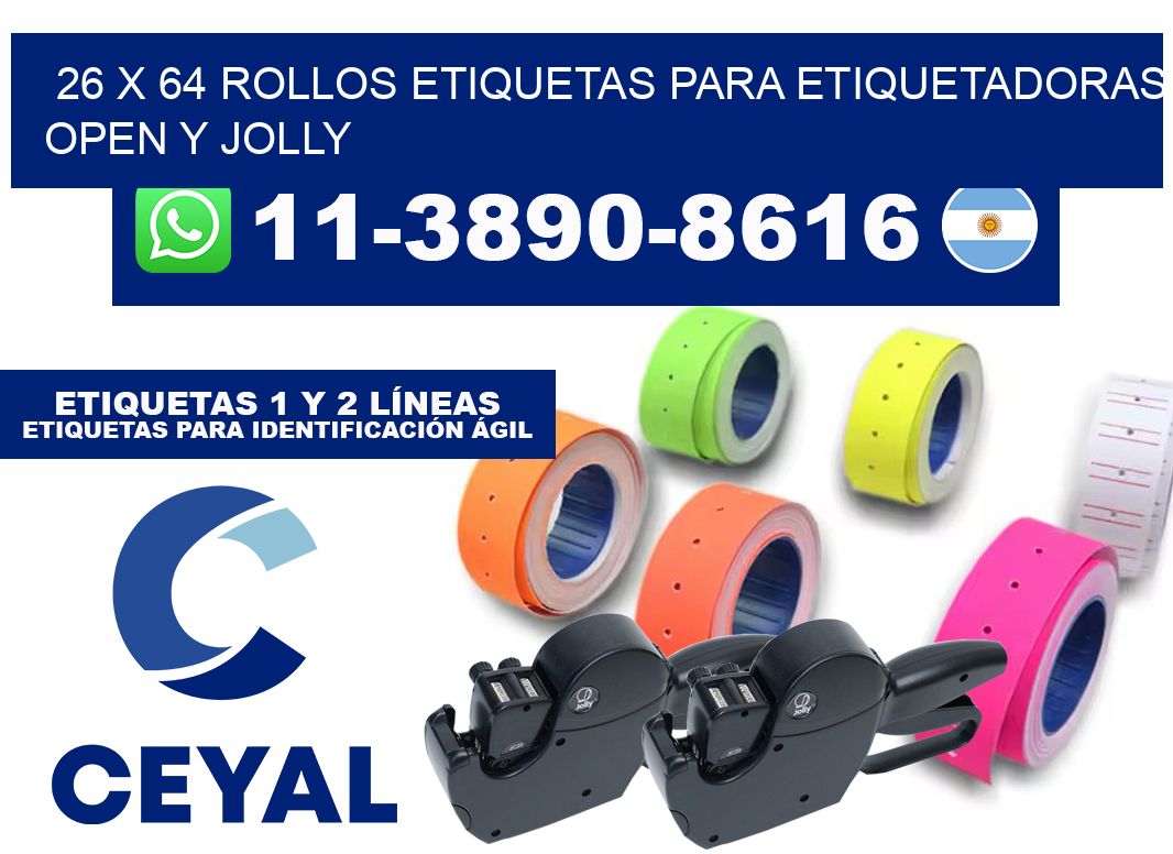 26 x 64 Rollos etiquetas para etiquetadoras open y jolly